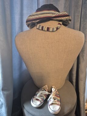 Old Navy Navy, Light Blue, Red and Cream Striped Baby Hat And Shoes